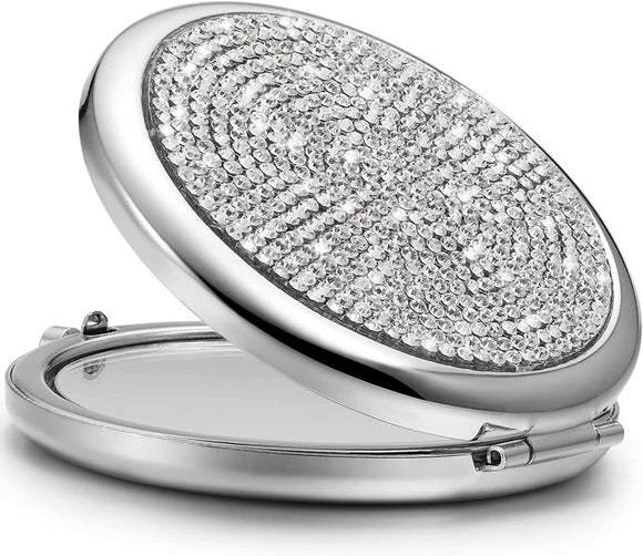 Mini Small Diamond 1X/2X Magnifying Round Metal Pocket Makeup Mirror (Silver) - RnR Galore