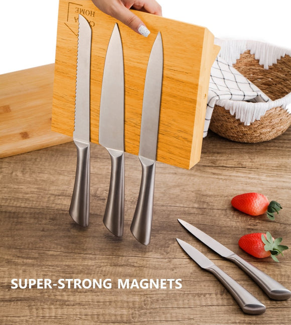 Natural Bamboo Magnetic Knife Block Holder with Strong Magnets for Home Kitchen Storage & Organisation - RnR Galore