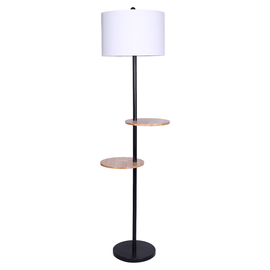 Sarantino Metal Floor Lamp Shade with Black Post in Round Wood Shelves - RnR Galore