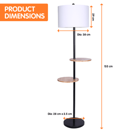 Sarantino Metal Floor Lamp Shade with Black Post in Round Wood Shelves - RnR Galore