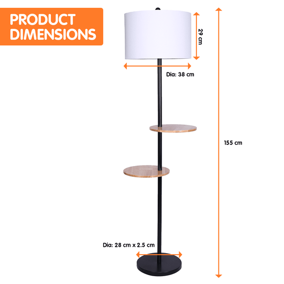 Sarantino Metal Floor Lamp Shade with Black Post in Round Wood Shelves - RnR Galore