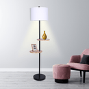Sarantino Metal Floor Lamp Shade with Black Post in Round Wood Shelves - RnR Galore