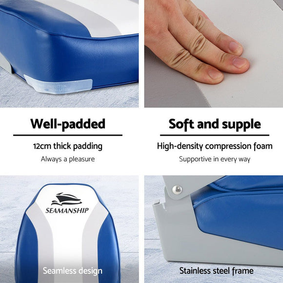 Seamanship 2X Folding Boat Seats Marine Seat Swivel High Back 12cm Padding Blue - RnR Galore
