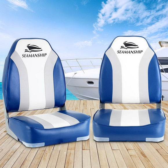 Seamanship 2X Folding Boat Seats Marine Seat Swivel High Back 12cm Padding Blue - RnR Galore