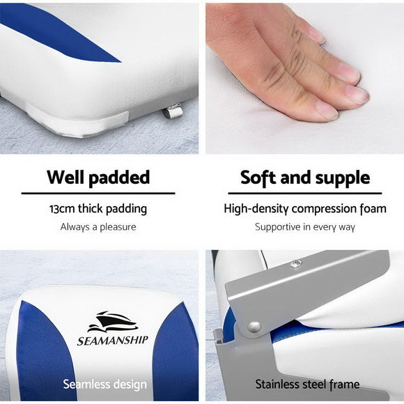 Seamanship 2X Folding Boat Seats Marine Swivel Low Back 13cm Padding White Blue - RnR Galore