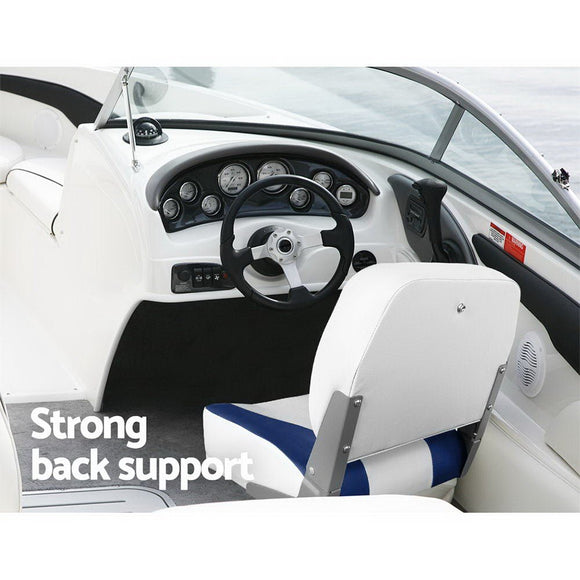 Seamanship 2X Folding Boat Seats Marine Swivel Low Back 13cm Padding White Blue - RnR Galore