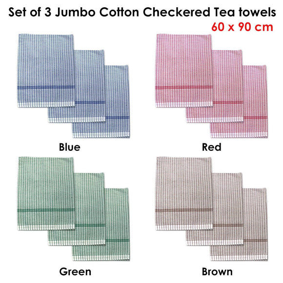 Set of 3 Jumbo Cotton Checkered Tea Towels 60 x 90 cm Green - RnR Galore