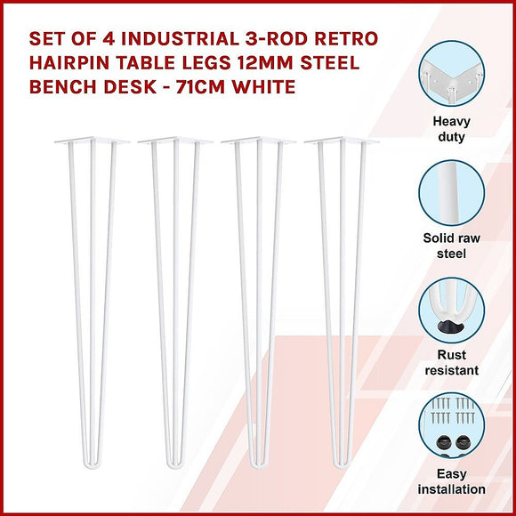 Set of 4 Industrial 3 - Rod Retro Hairpin Table Legs 12mm Steel Bench Desk - 71cm White - RnR Galore