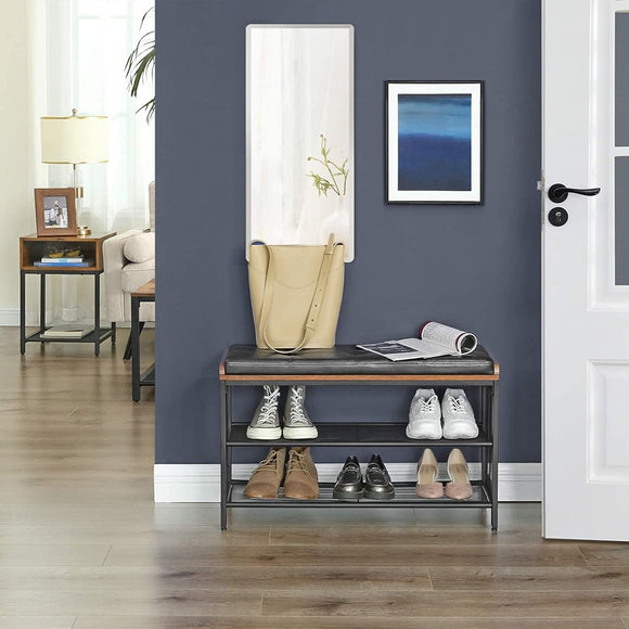 Shoe Bench with Mesh Shelf and Faux Leather Vintage Brown Black 80 x 30 x 48 cm - RnR Galore