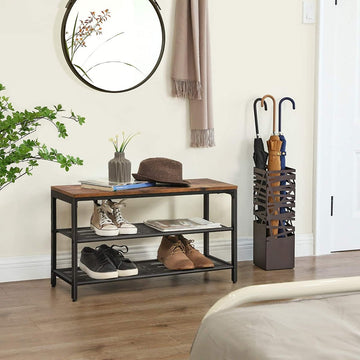 Shoe Rack with 2 Mesh Shelves, Rustic Brown and Black - RnR Galore