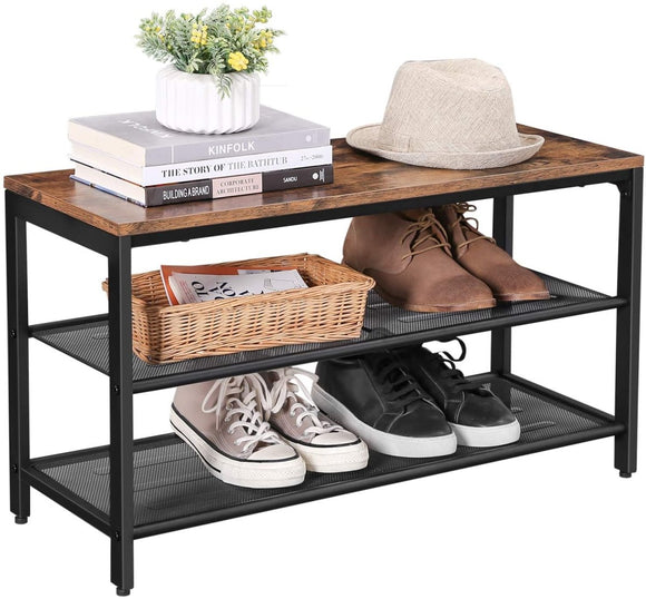 Shoe Rack with 2 Mesh Shelves, Rustic Brown and Black - RnR Galore