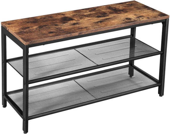Shoe Rack with 2 Mesh Shelves, Rustic Brown and Black - RnR Galore