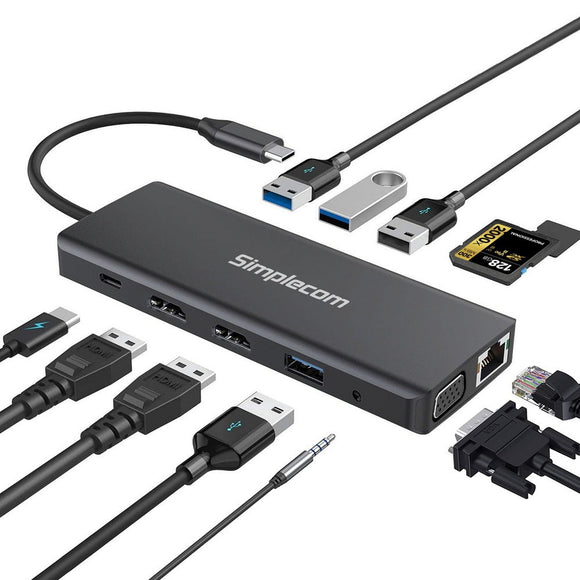 Simplecom CHN612 USB - C 12 - in - 1 Multiport Docking Station Dual HDMI + VGA Triple Display Gigabit LAN - RnR Galore