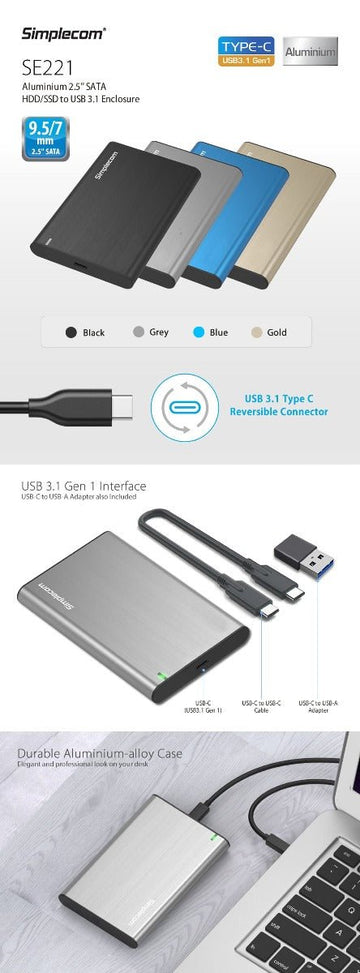 Simplecom SE221 Aluminium 2.5'' SATA HDD/SSD to USB 3.1 Enclosure Blue - RnR Galore