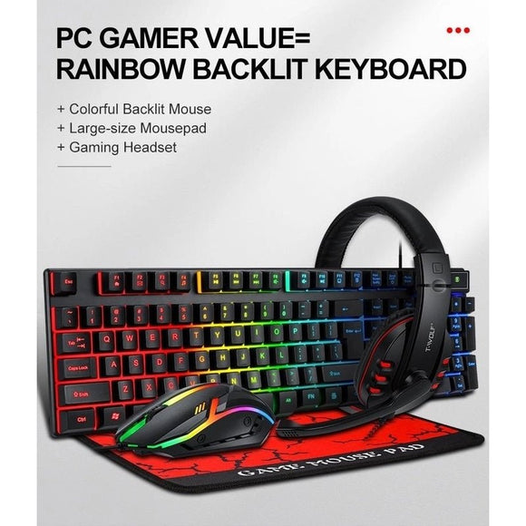 T - Wolf TF800 RGB 4 - pcs Gaming Keyboard/Mouse/Headphone/Mouse Pad Kit Set - RnR Galore