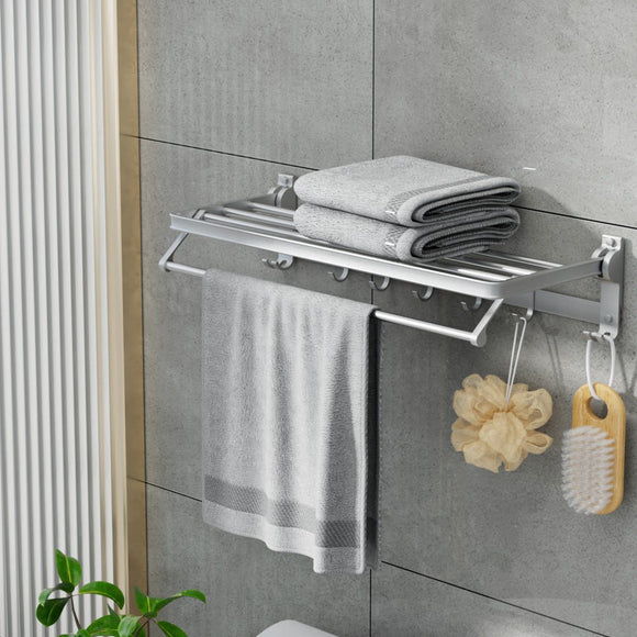 Towel Rail Rack Holder 4 Bars Wall Mounted Aluminium Foldable Hanging Hook - RnR Galore