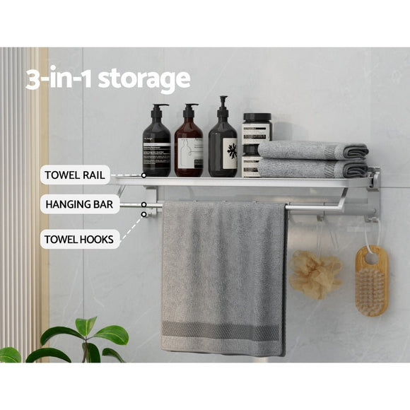 Towel Rail Rack Holder 4 Bars Wall Mounted Aluminium Foldable Hanging Hook - RnR Galore