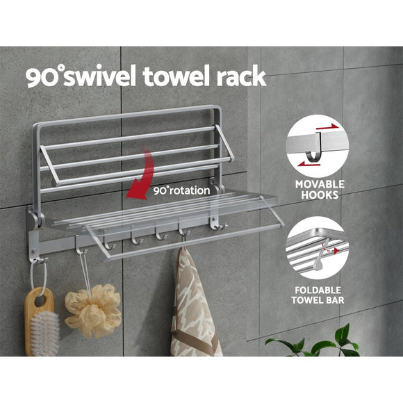 Towel Rail Rack Holder 4 Bars Wall Mounted Aluminium Foldable Hanging Hook - RnR Galore