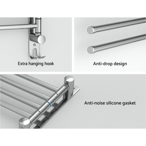 Towel Rail Rack Holder 4 Bars Wall Mounted Stainless Steel Swivel Hanging Hook - RnR Galore