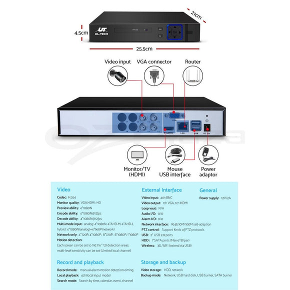 UL - tech CCTV Security System 4CH DVR 4 Cameras 4TB Hard Drive - RnR Galore
