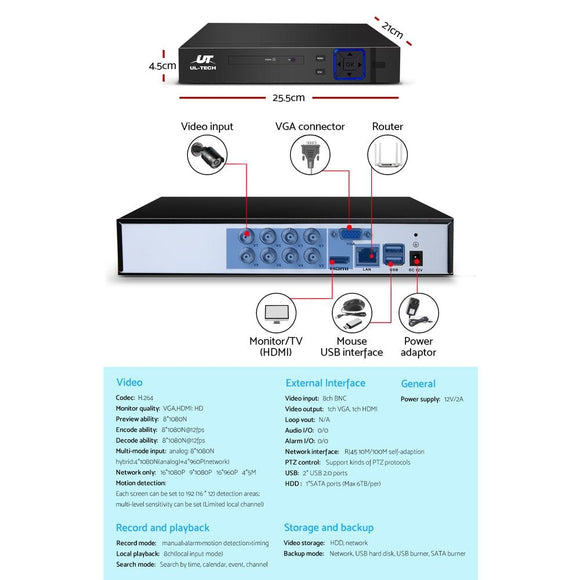 UL - tech CCTV Security System 8CH DVR 8 Cameras 4TB Hard Drive - RnR Galore