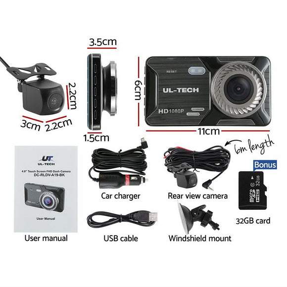 UL - tech Dash Camera 1080P 4" Front Rear Cam,UL - tech Dash Camera 1080P 4" Front Rear View Dual Cam Car DVR Reverse Recorder - RnR Galore