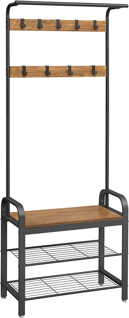 VASAGLE Coat Rack with Shoe Rack 183 cm Height Walnut Brown and Black - RnR Galore