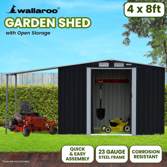 Wallaroo 4x8ft Zinc Steel Garden Shed with Open Storage - Black - RnR Galore