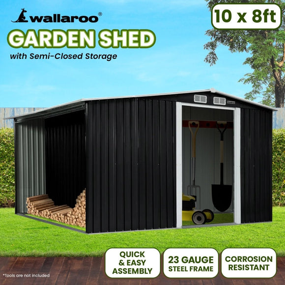Wallaroo Garden Shed with Semi - Closed Storage 10*8FT - Black - RnR Galore