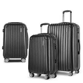 Wanderlite Luggage Set 3pc 20" 24" 28" Suitcase Hardcase Trolley Travel Black - RnR Galore