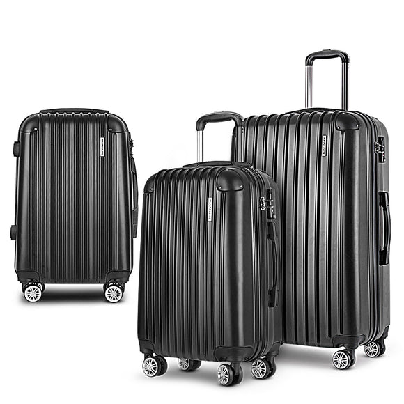 Wanderlite Luggage Set 3pc 20" 24" 28" Suitcase Hardcase Trolley Travel Black - RnR Galore