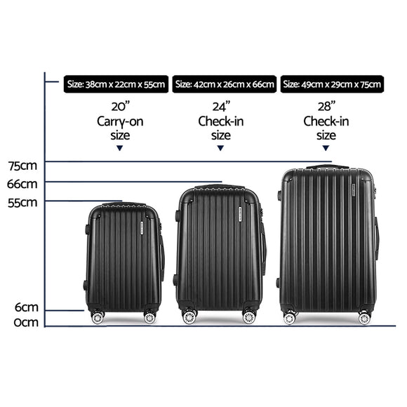 Wanderlite Luggage Set 3pc 20" 24" 28" Suitcase Hardcase Trolley Travel Black - RnR Galore