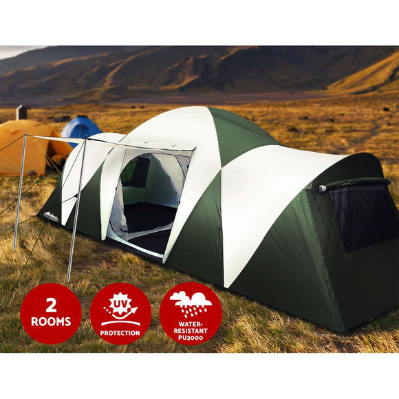 Weisshorn Family Camping Tent 12 Person Hiking Beach Tents (3 Rooms) Green - RnR Galore