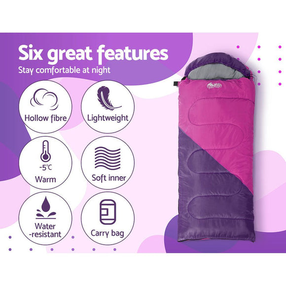 Weisshorn Sleeping Bag Kids Single 172cm Thermal Camping Hiking Pink - RnR Galore