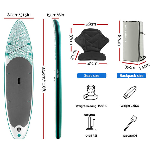 Weisshorn Stand Up Paddle Board 10.6ft Inflatable SUP Surfboard Paddleboard Kayak Surf Green - RnR Galore