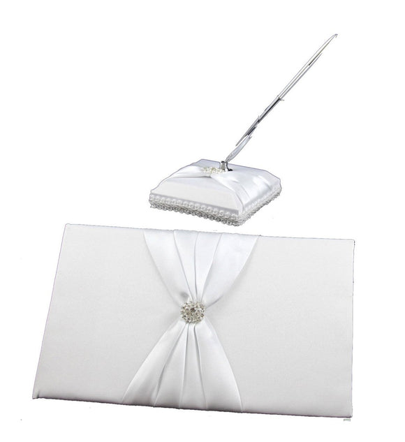 White Wedding Guest Book Register with Silver Pen Matching Stand Set 36 Lined Pages - White Sach Diamante Cover - RnR Galore