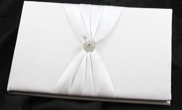 White Wedding Guest Book Register with Silver Pen Matching Stand Set 36 Lined Pages - White Sach Diamante Cover - RnR Galore
