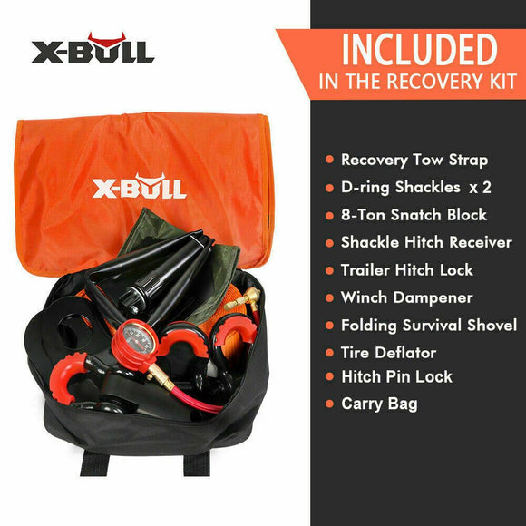 X - BULL Winch Recovery Kit 11PCS 4WD 4x4 Pack Off Road Snatch Strap Essential - RnR Galore