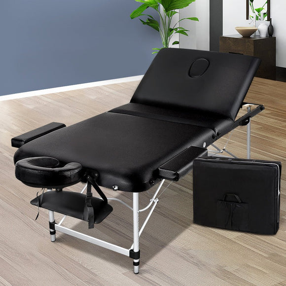 Zenses Massage Table 70cm 3 Fold Aluminium Beauty Bed Portable Therapy Black - RnR Galore