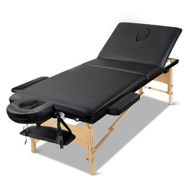 Zenses Massage Table 70cm 3 Fold Wooden Portable Beauty Therapy Bed Waxing Black - RnR Galore