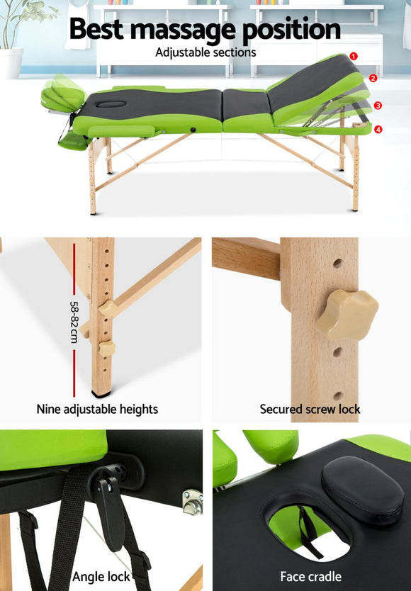 Zenses Massage Table 70cm 3 Fold Wooden Portable Beauty Therapy Bed Waxing Green - RnR Galore