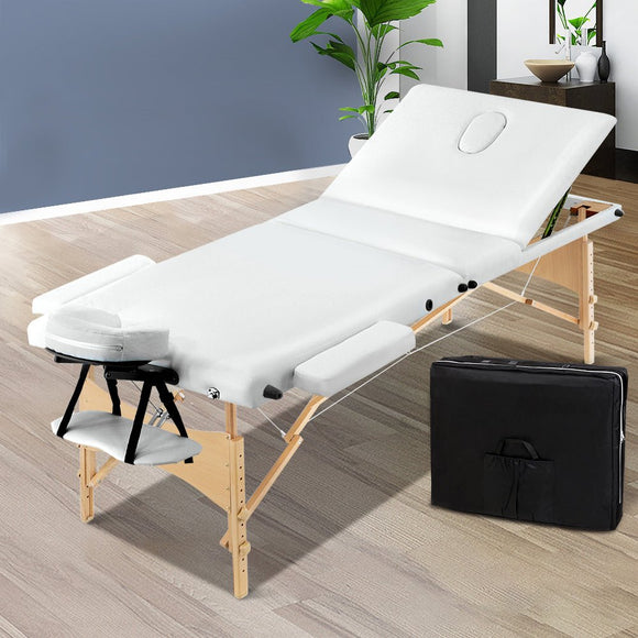 Zenses Massage Table 70cm 3 Fold Wooden Portable Beauty Therapy Bed Waxing White - RnR Galore