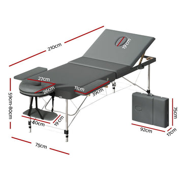 Zenses Massage Table 75cm 3 Fold Aluminium Beauty Bed Portable Therapy Grey - RnR Galore