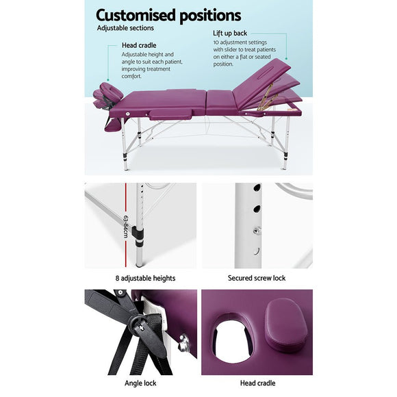 Zenses Massage Table 75cm 3 Fold Aluminium Beauty Bed Portable Therapy Violet - RnR Galore