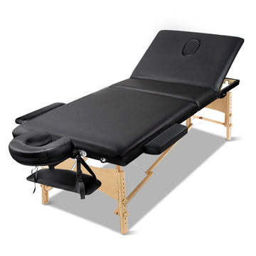Zenses Massage Table 75cm 3 Fold Wooden Portable Beauty Therapy Bed Waxing Black - RnR Galore
